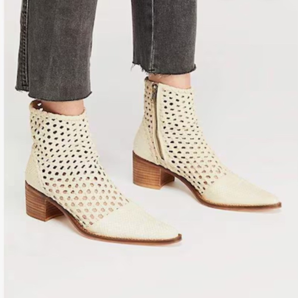 Free People Woven Cutout Leather Ankle Boot Block Heel Pointed Toe Cream Loop 36